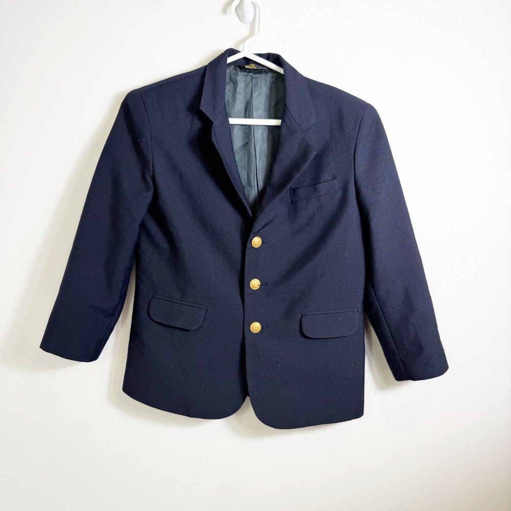 Claiborne Blazer Boys 10 Navy Blue Gold Button Wool Blend Formal Suit Jacket